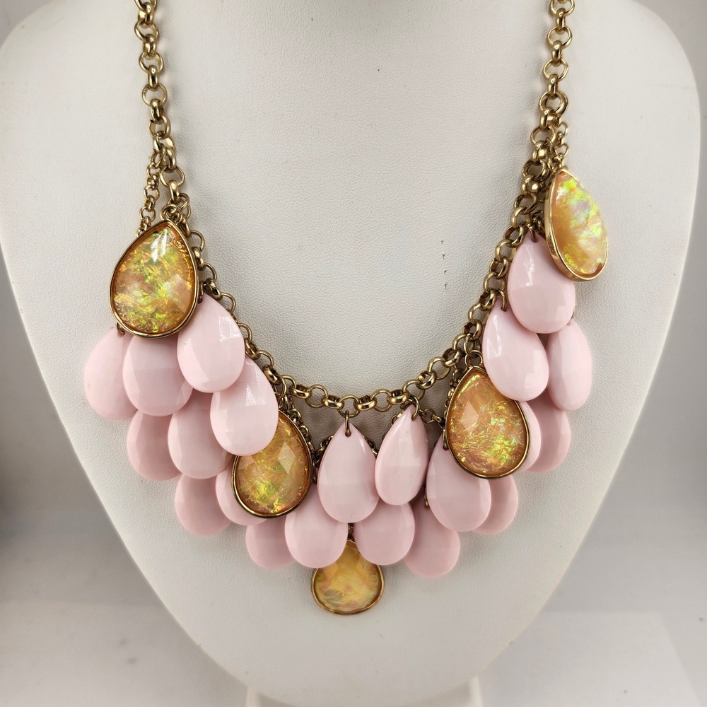 Gold Tone Pink Teardrop Gem Statement Necklace
